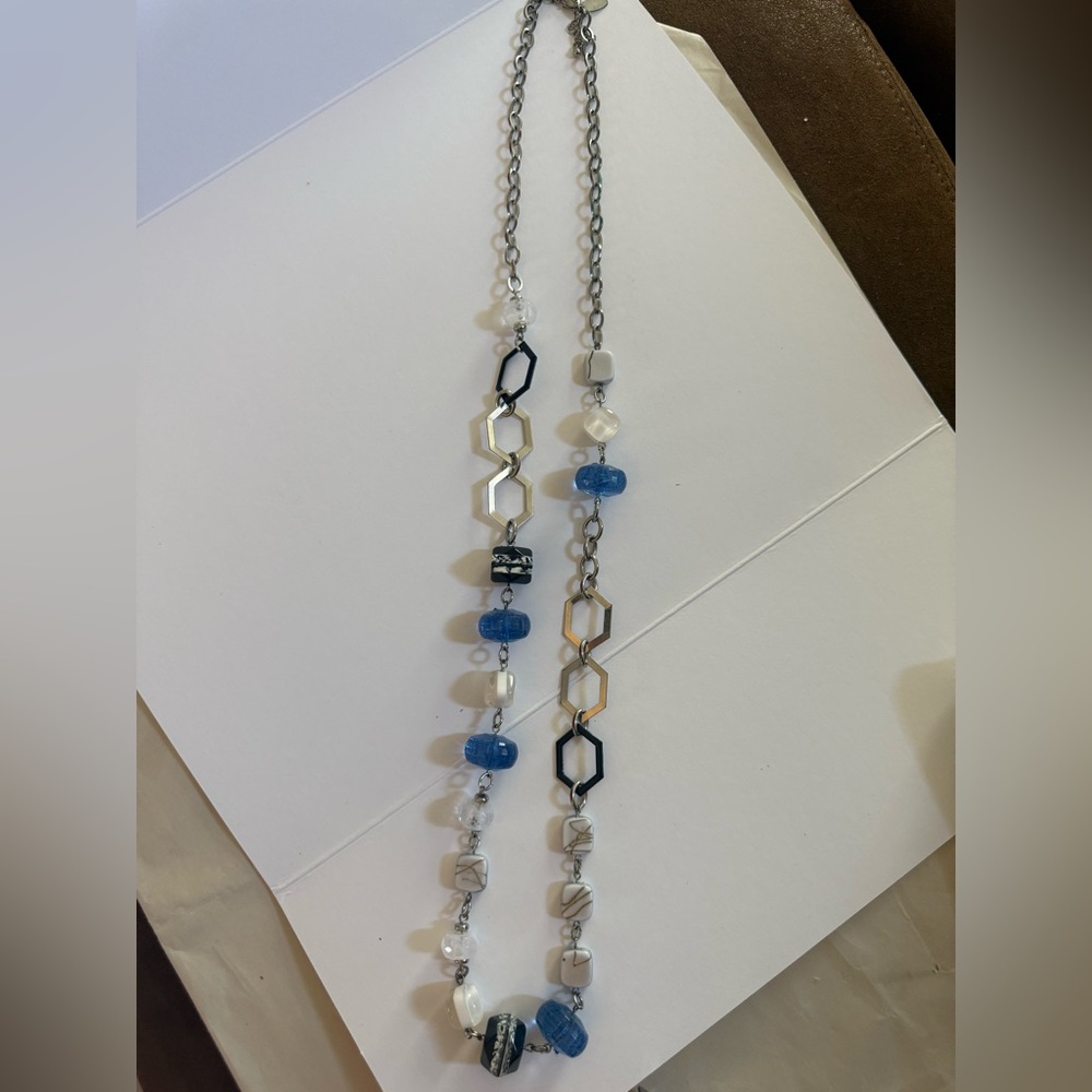 New York & Co. Geometric Links and Beaded Long Necklace, Blue,Black,Silver Tone